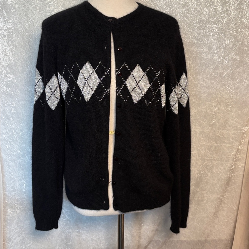 Rafaella Black button up Cárdigan Silver Argyle in Angora Rabbit Lambswool M
